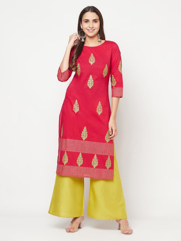 Aniyah Cotton Block Print Fuchsia Color Straight Kurta - Swadesiicart