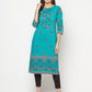 Aniyah Turquoise Cotton Block Print Straight Kurta - Swadesiicart