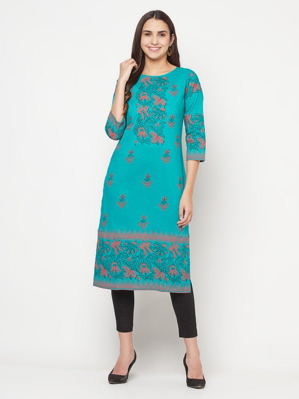 Aniyah Turquoise Cotton Block Print Straight Kurta - Swadesiicart