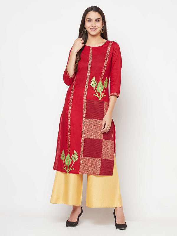 Aniyah Cotton Foil Print Maroon Straight Kurta - Swadesiicart
