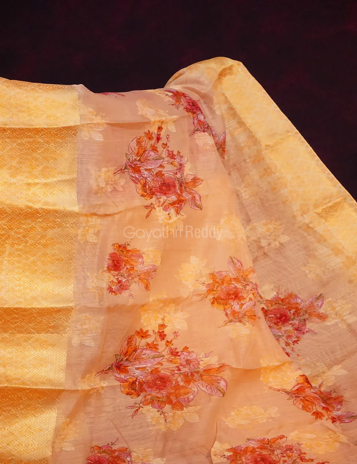 Baby Pink Colour With Golden Blouse Floral Print Semi Chanderi Saree By Gayathri Reddy Designer Studio | Swadesiicart