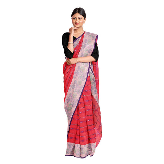 Exclusive Collection 100% Pure Cotton Red Tant Saree With Hand Weaving Work - Swadesiicart