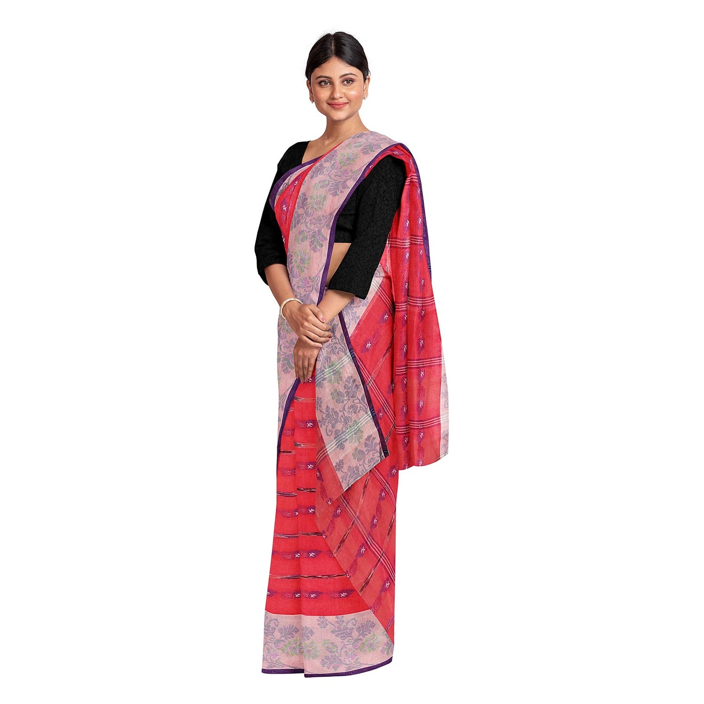 Exclusive Collection 100% Pure Cotton Red Tant Saree With Hand Weaving Work - Swadesiicart