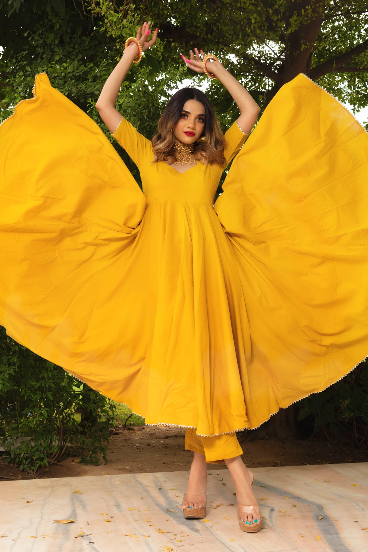 Pomcha Jaipur Rosemarry Yellow Cotton Anarkali Set | Swadesiicart