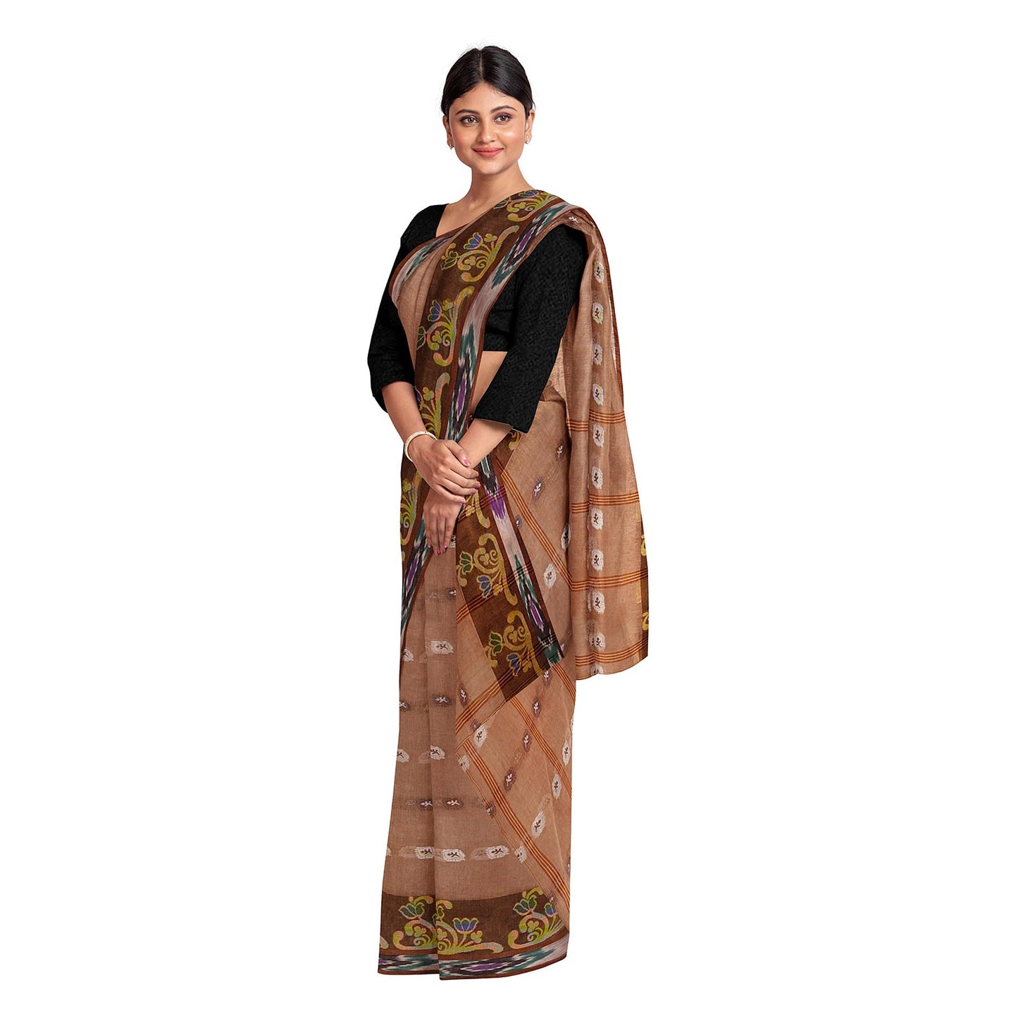 Exclusive Collection 100% Pure Cotton Brown Tant Saree With Hand Weaving Work - Swadesiicart