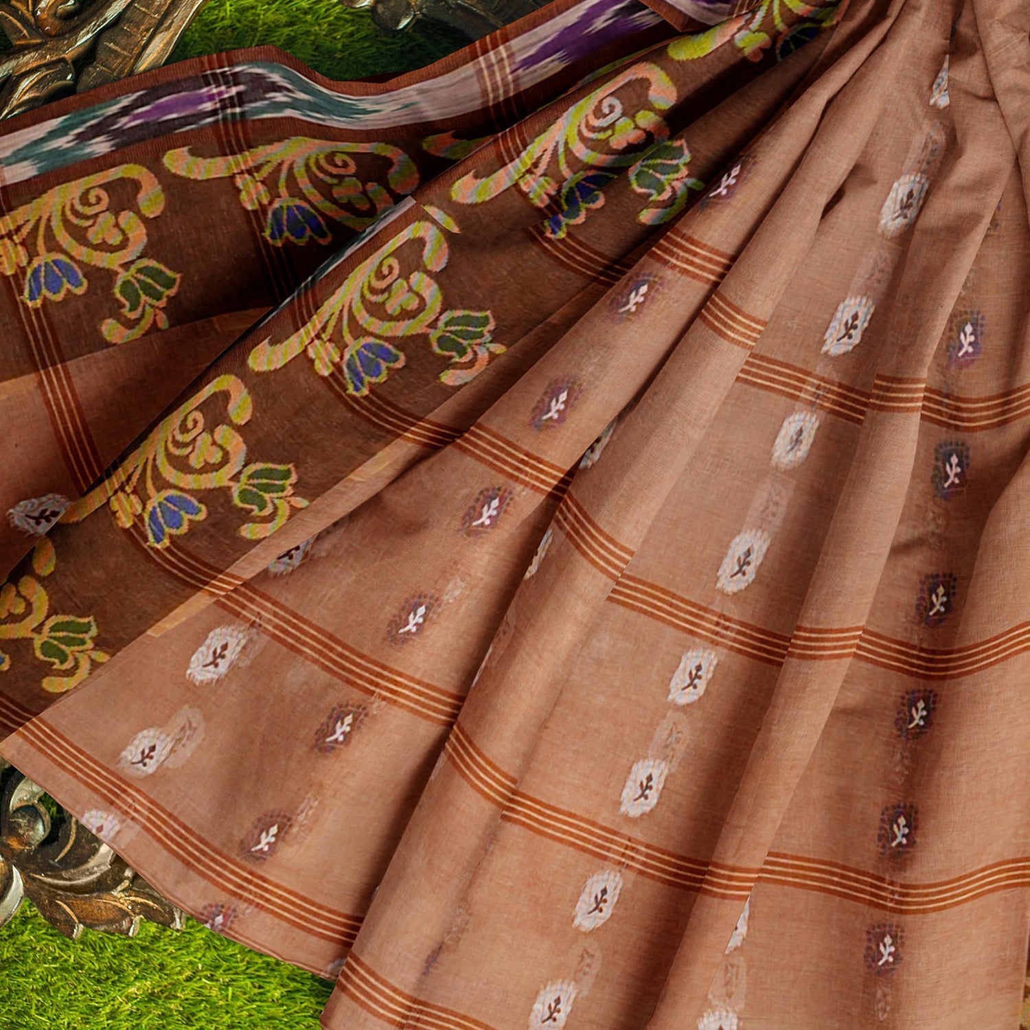 Exclusive Collection 100% Pure Cotton Brown Tant Saree With Hand Weaving Work - Swadesiicart