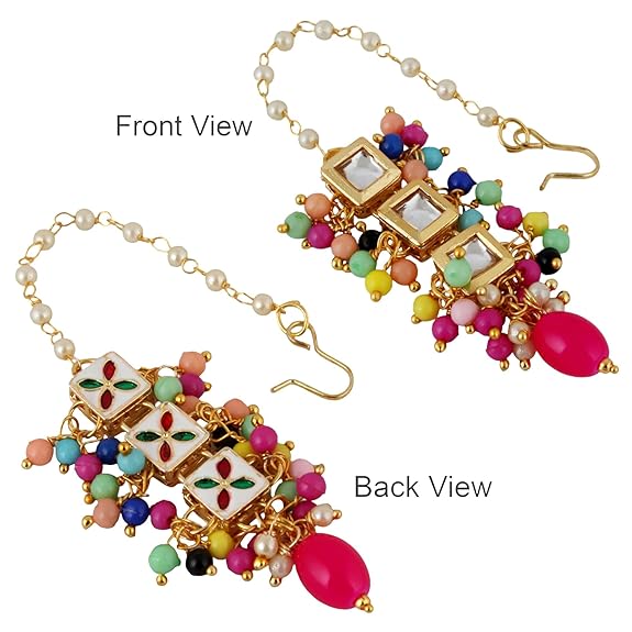 Tehzeeb Creations Back Meenakari Gold-Polished Square Shape Tika Earring Jewellery Set Uncut Kundan Big Faux Kundan Dibbi Kundan Choker Necklace Set | Swadesiicart
