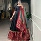 Lorenvalley Black Tussar Silk Print With Foil Print Gown with Dupatta | Swadesiicart