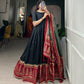 Lorenvalley Black Tussar Silk Print With Foil Print Gown with Dupatta | Swadesiicart