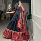 Lorenvalley Black Tussar Silk Print With Foil Print Gown with Dupatta | Swadesiicart