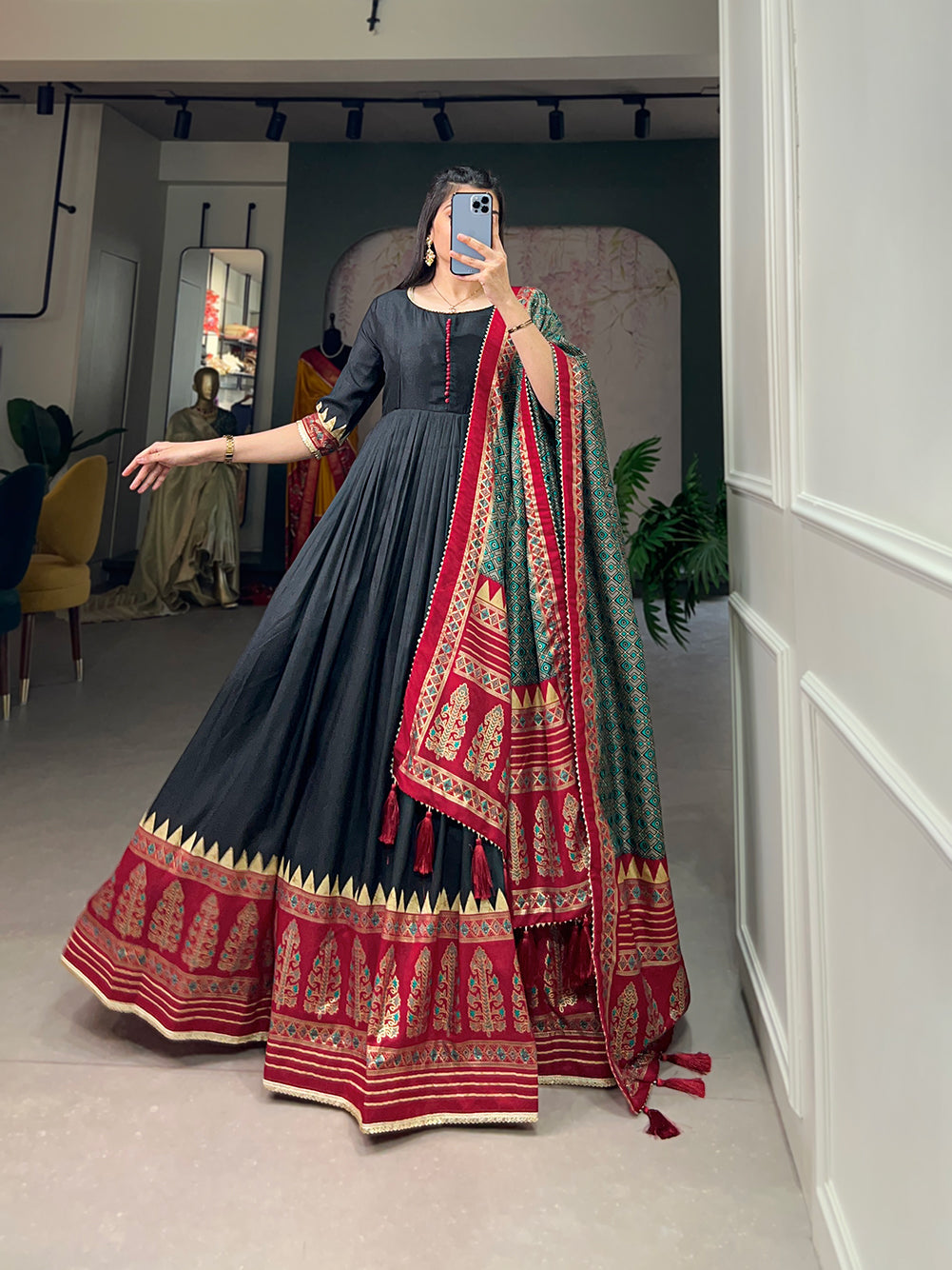 Lorenvalley Black Tussar Silk Print With Foil Print Gown with Dupatta | Swadesiicart
