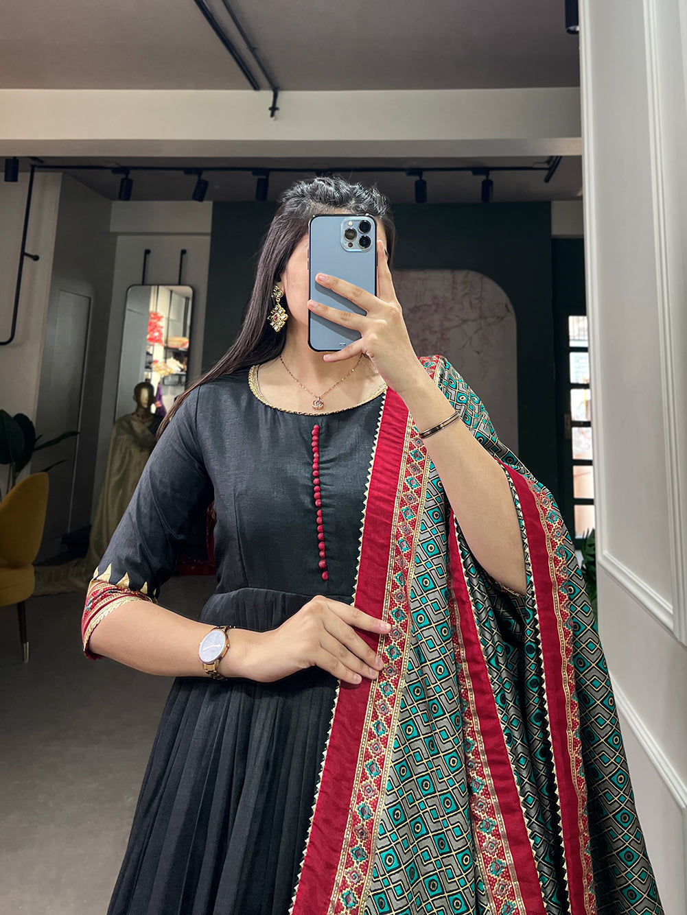 Lorenvalley Black Tussar Silk Print With Foil Print Gown with Dupatta | Swadesiicart