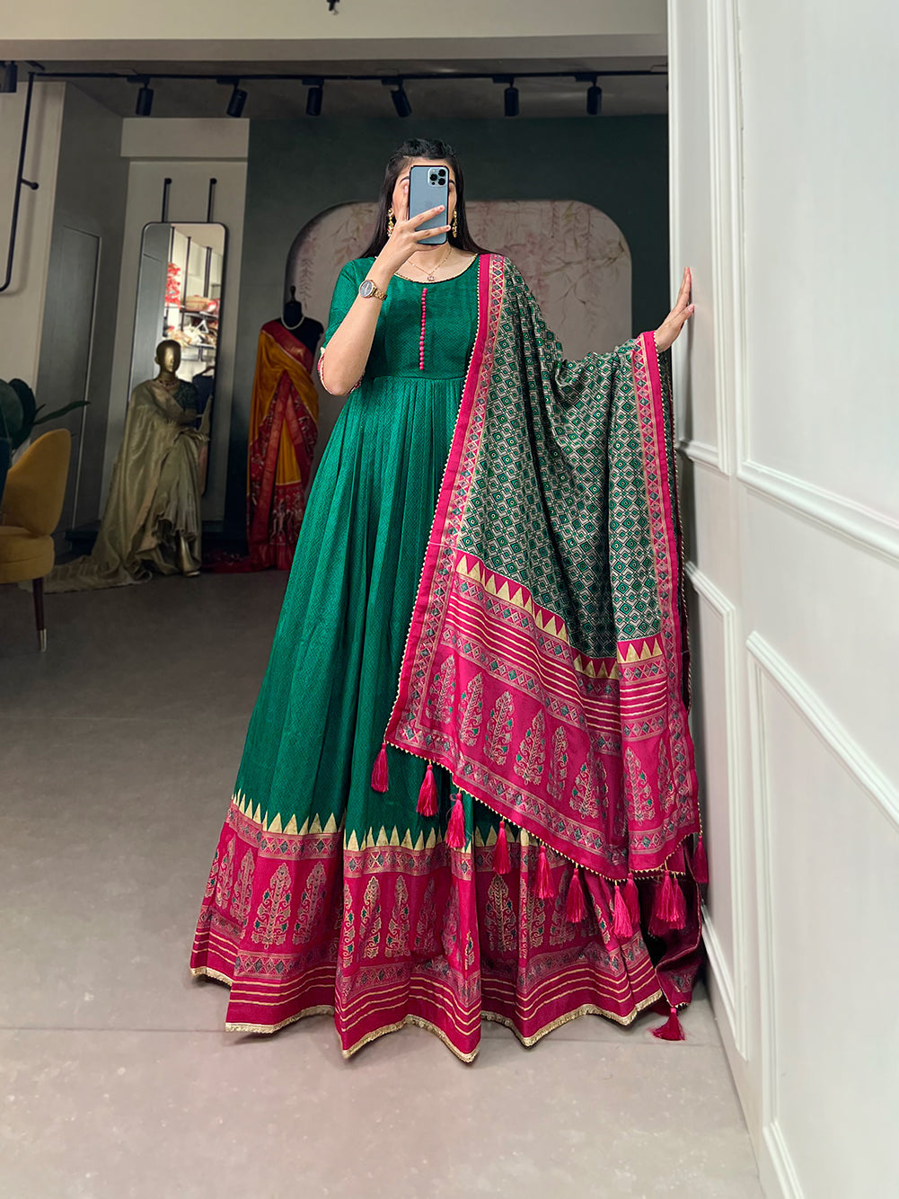 Lorenvalley Green Tussar Silk Print With Foil Print Gown with Dupatta | Swadesiicart