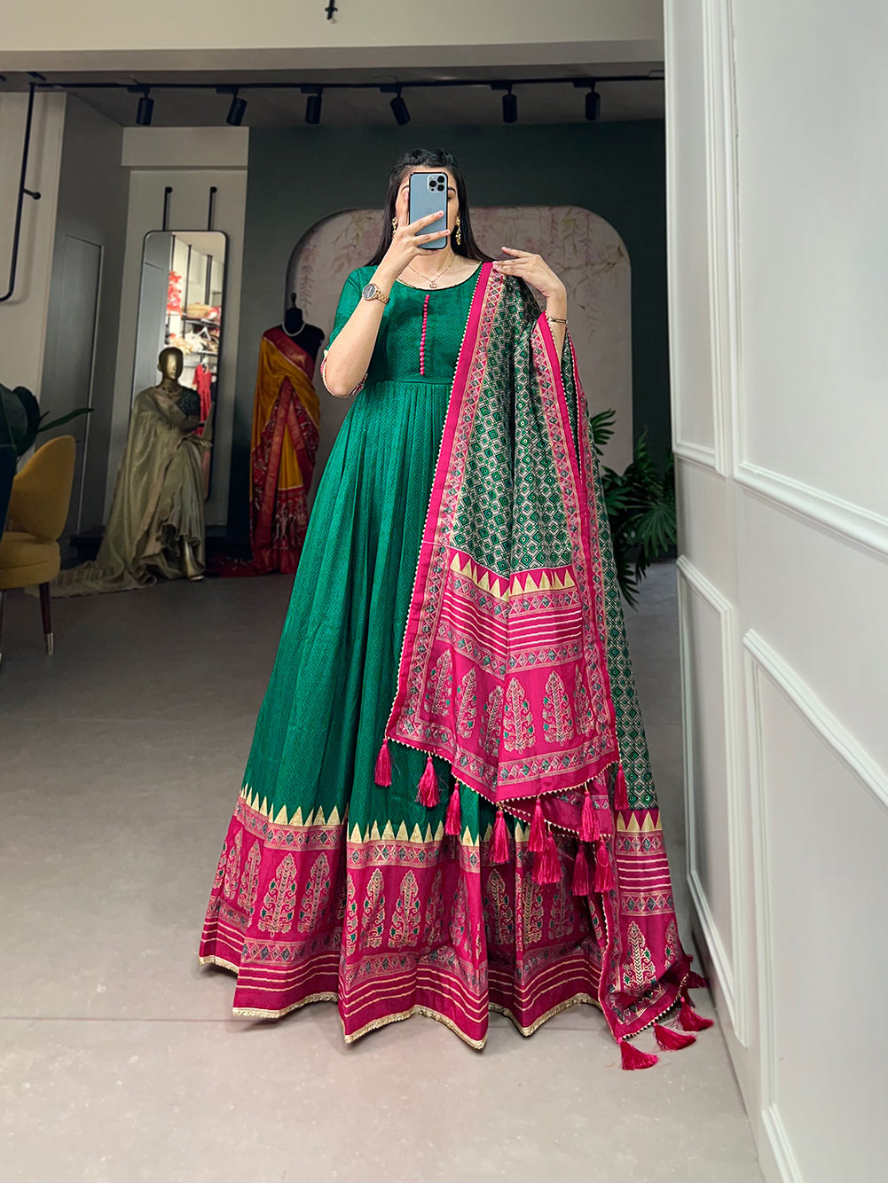 Lorenvalley Green Tussar Silk Print With Foil Print Gown with Dupatta | Swadesiicart