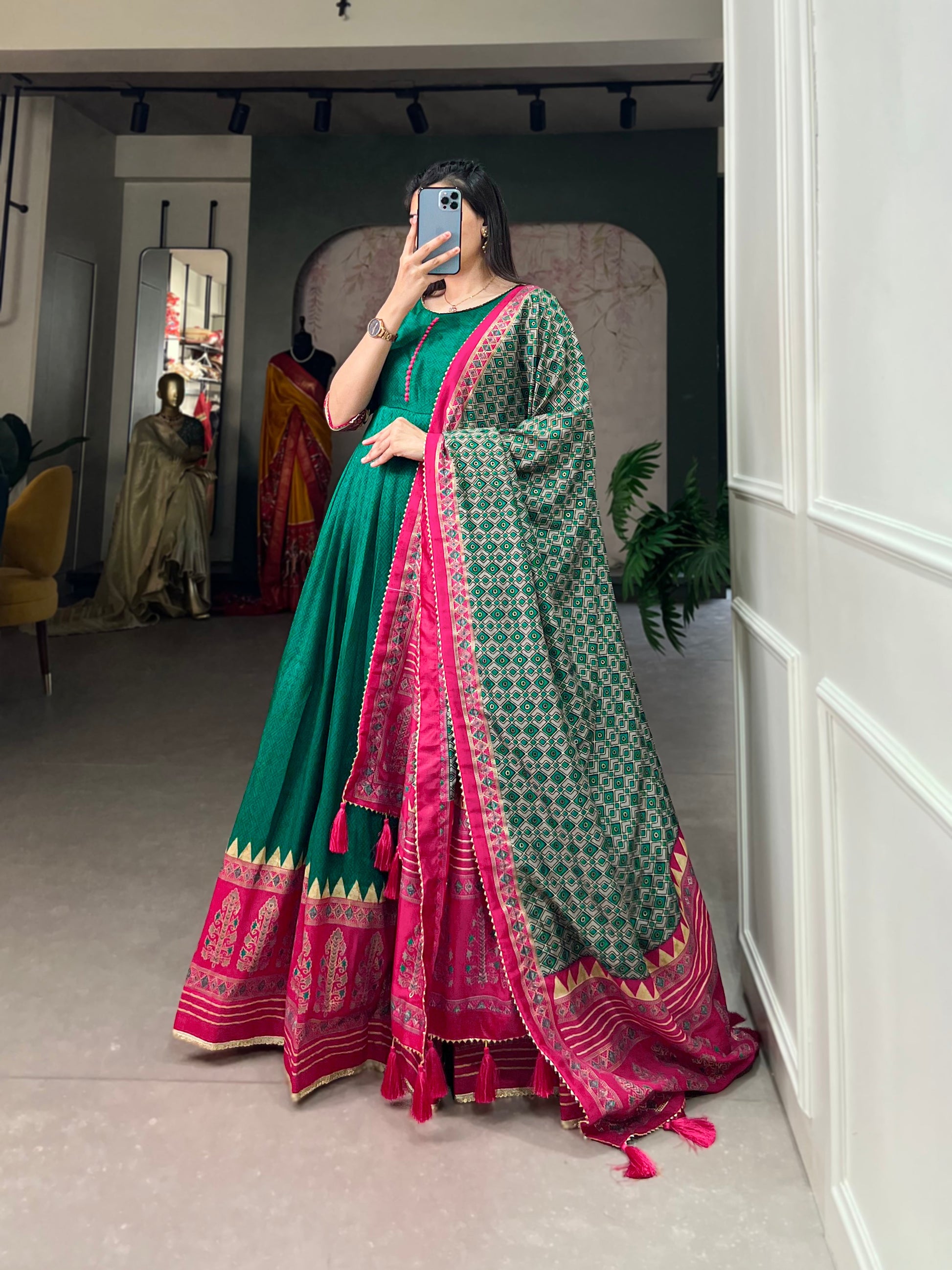 Lorenvalley Green Tussar Silk Print With Foil Print Gown with Dupatta | Swadesiicart
