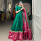 Lorenvalley Green Tussar Silk Print With Foil Print Gown with Dupatta | Swadesiicart