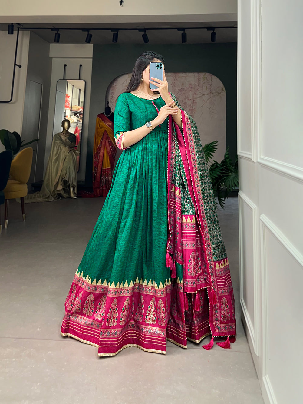 Lorenvalley Green Tussar Silk Print With Foil Print Gown with Dupatta | Swadesiicart