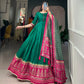 Lorenvalley Green Tussar Silk Print With Foil Print Gown with Dupatta | Swadesiicart