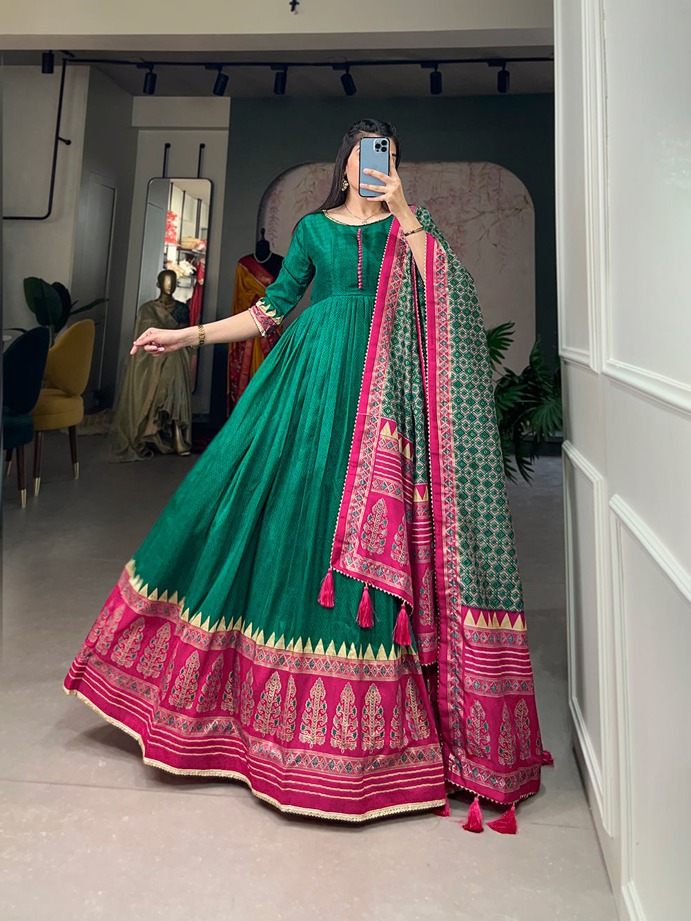 Lorenvalley Green Tussar Silk Print With Foil Print Gown with Dupatta | Swadesiicart