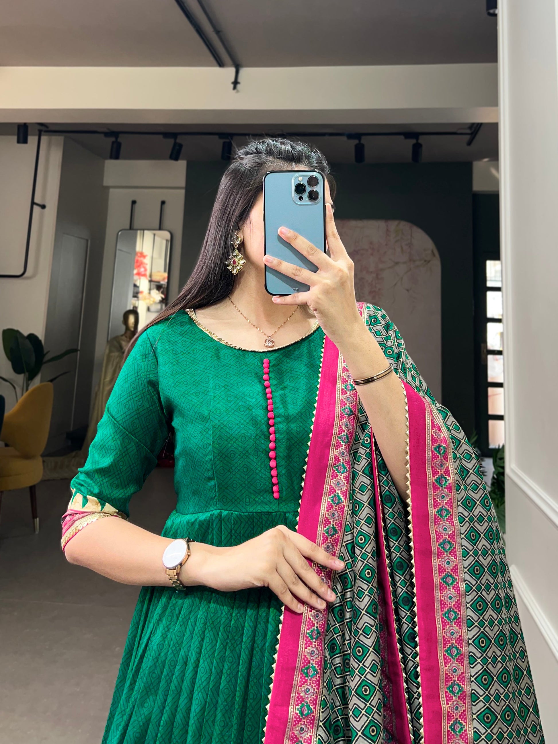 Lorenvalley Green Tussar Silk Print With Foil Print Gown with Dupatta | Swadesiicart