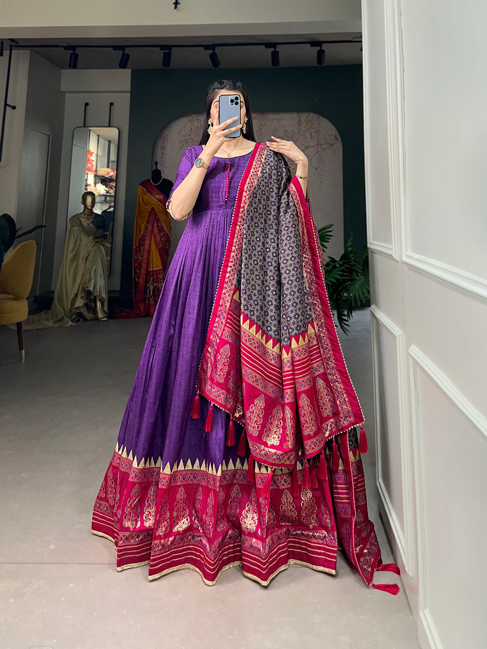 Lorenvalley Purple Tussar Silk Print With Foil Print Gown with Dupatta | Swadesiicart