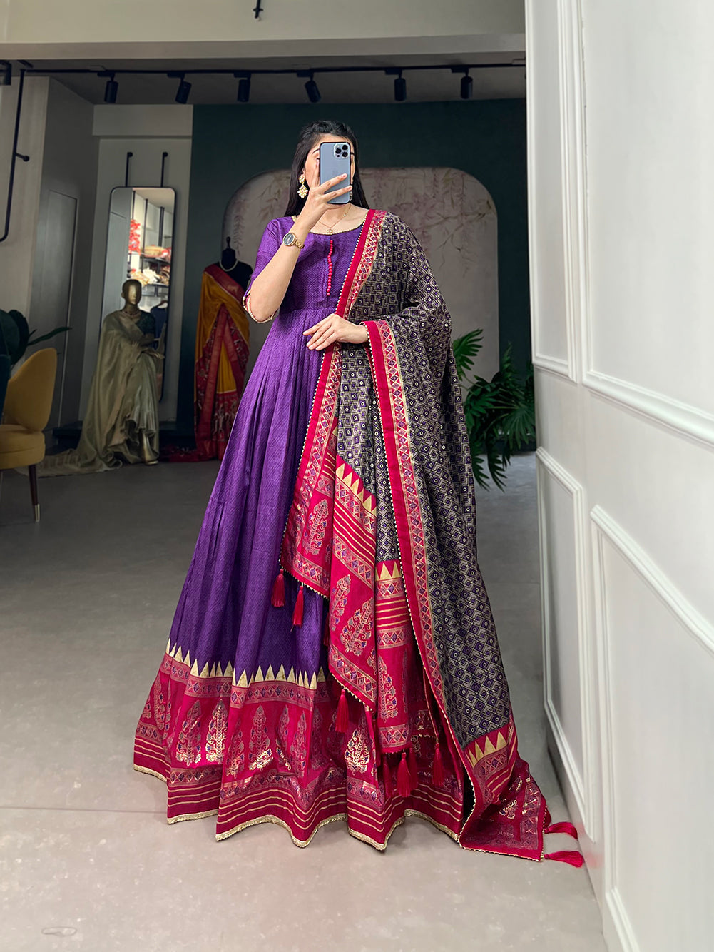 Lorenvalley Purple Tussar Silk Print With Foil Print Gown with Dupatta | Swadesiicart