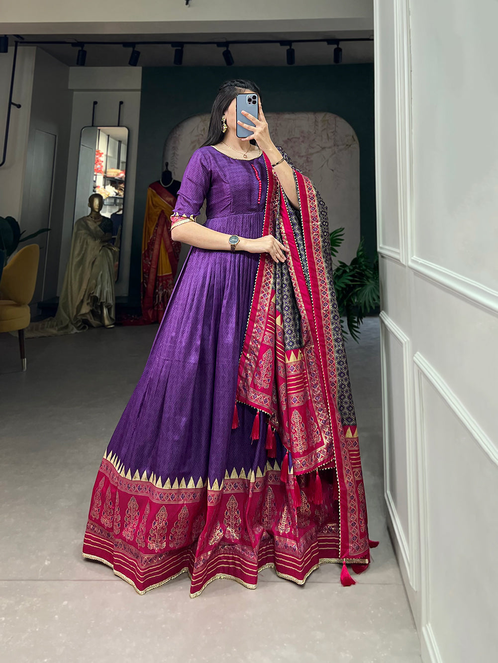 Lorenvalley Purple Tussar Silk Print With Foil Print Gown with Dupatta | Swadesiicart