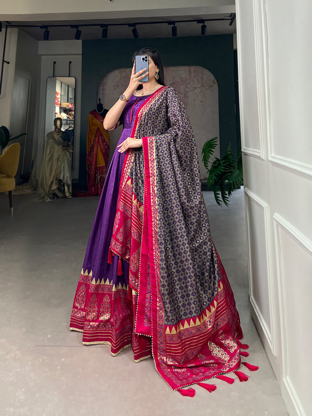 Lorenvalley Purple Tussar Silk Print With Foil Print Gown with Dupatta | Swadesiicart