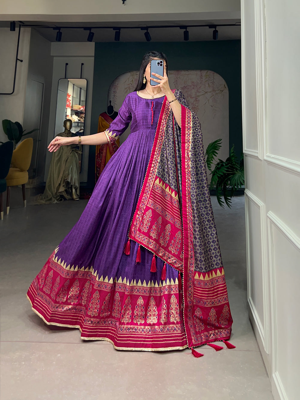 Lorenvalley Purple Tussar Silk Print With Foil Print Gown with Dupatta | Swadesiicart