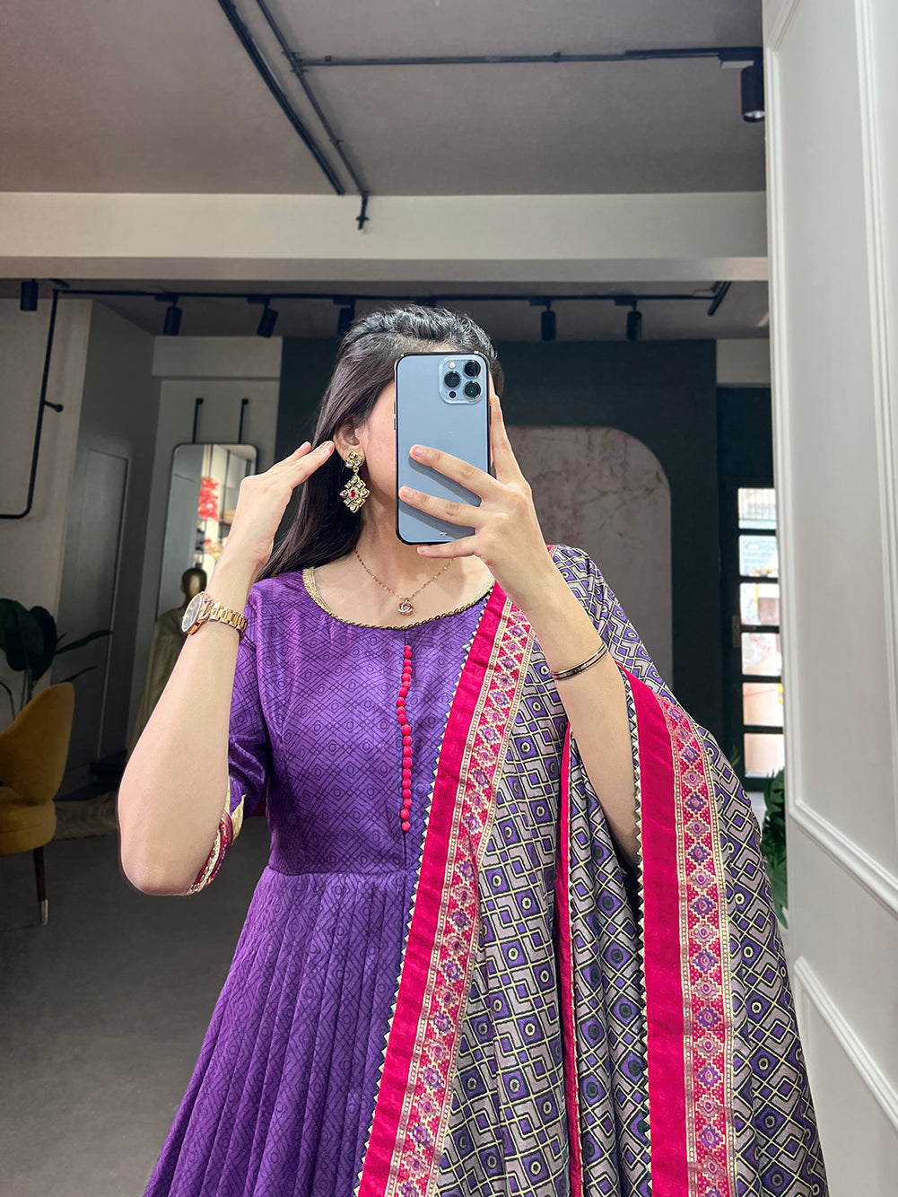 Lorenvalley Purple Tussar Silk Print With Foil Print Gown with Dupatta | Swadesiicart