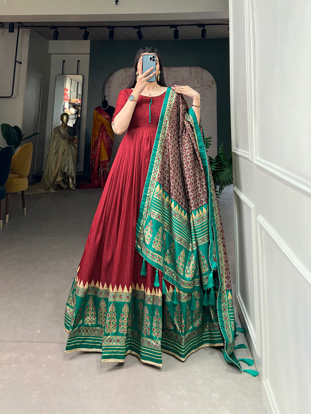 Lorenvalley Red Tussar Silk Print With Foil Print Gown with Dupatta | Swadesiicart