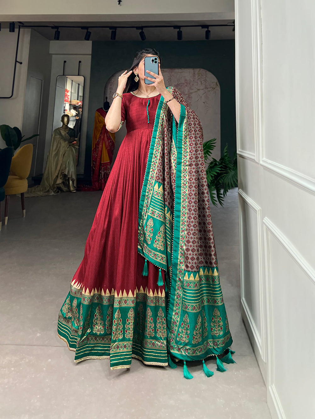 Lorenvalley Red Tussar Silk Print With Foil Print Gown with Dupatta | Swadesiicart