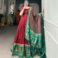 Lorenvalley Red Tussar Silk Print With Foil Print Gown with Dupatta | Swadesiicart