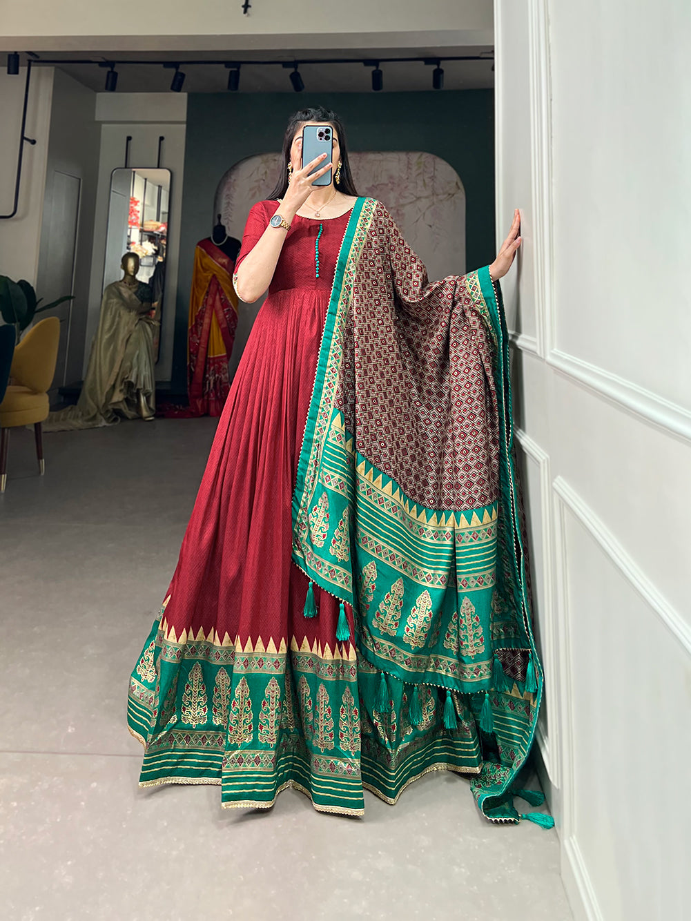Lorenvalley Red Tussar Silk Print With Foil Print Gown with Dupatta | Swadesiicart