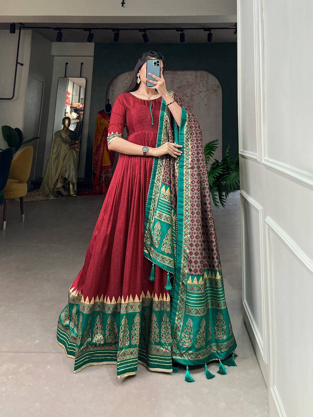 Lorenvalley Red Tussar Silk Print With Foil Print Gown with Dupatta | Swadesiicart