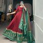 Lorenvalley Red Tussar Silk Print With Foil Print Gown with Dupatta | Swadesiicart