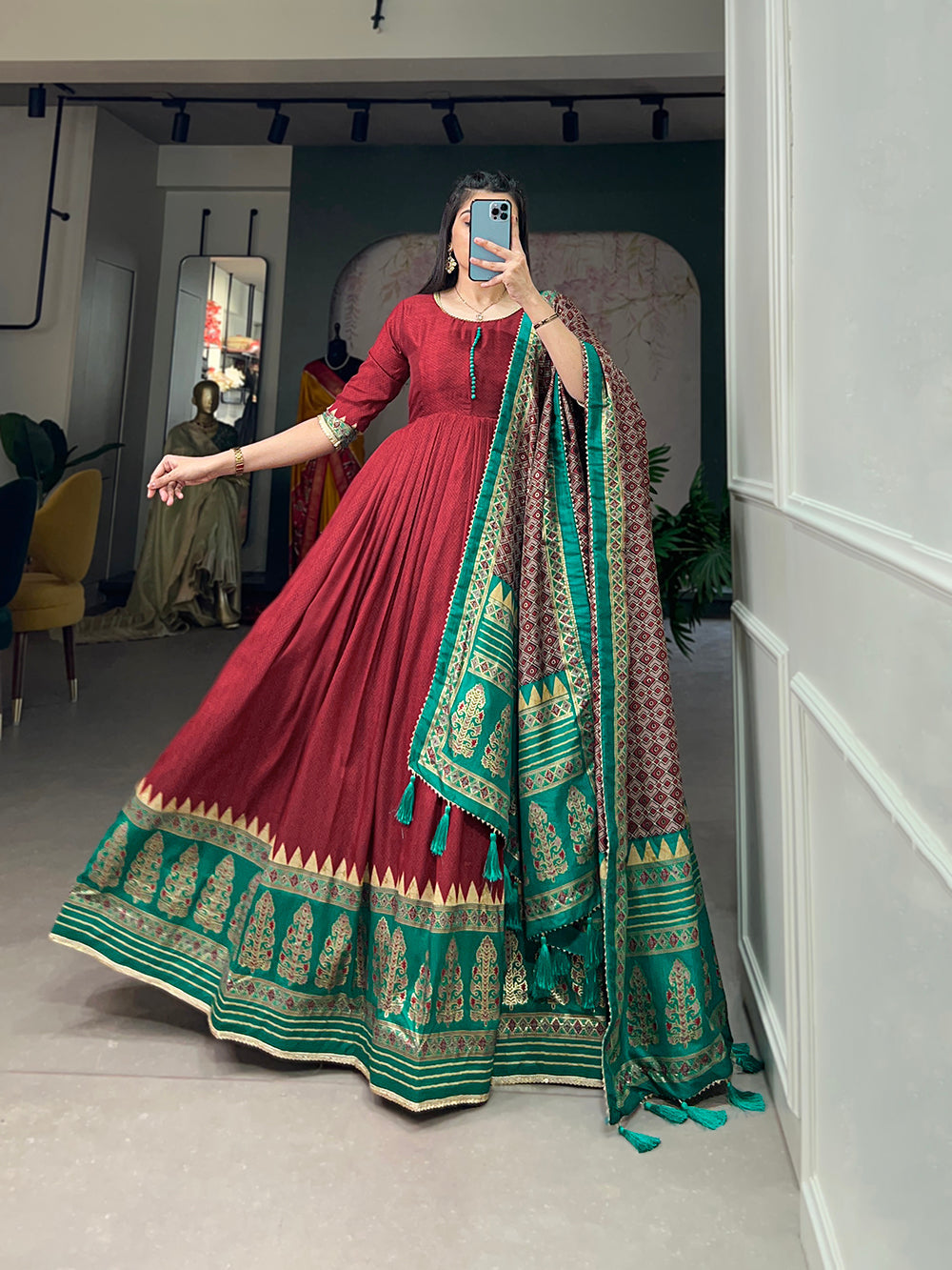 Lorenvalley Red Tussar Silk Print With Foil Print Gown with Dupatta | Swadesiicart