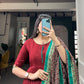 Lorenvalley Red Tussar Silk Print With Foil Print Gown with Dupatta | Swadesiicart