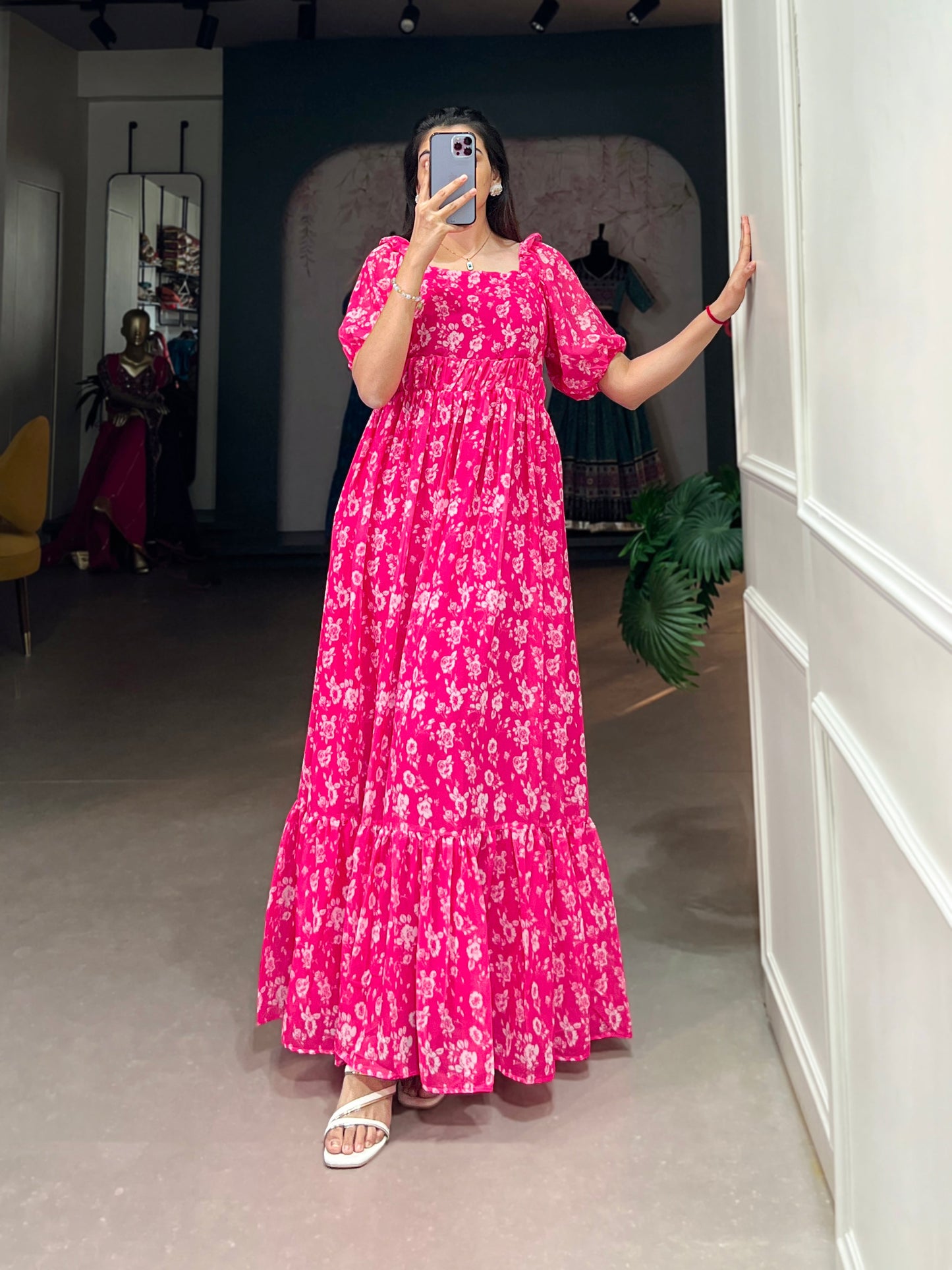 Lorenvalley Pink Georgette Floral Print Gown | Swadesiicart