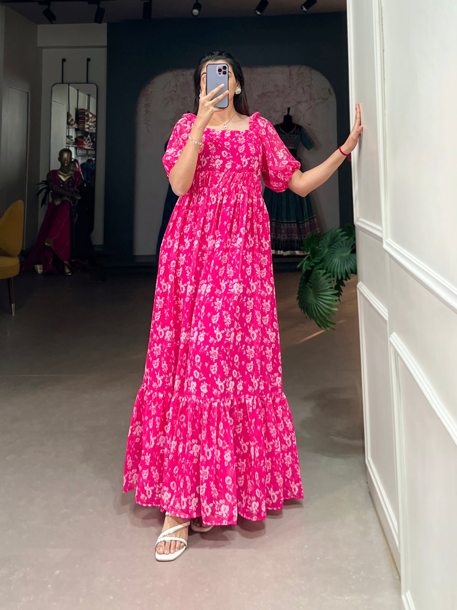 Lorenvalley Pink Georgette Floral Print Gown | Swadesiicart