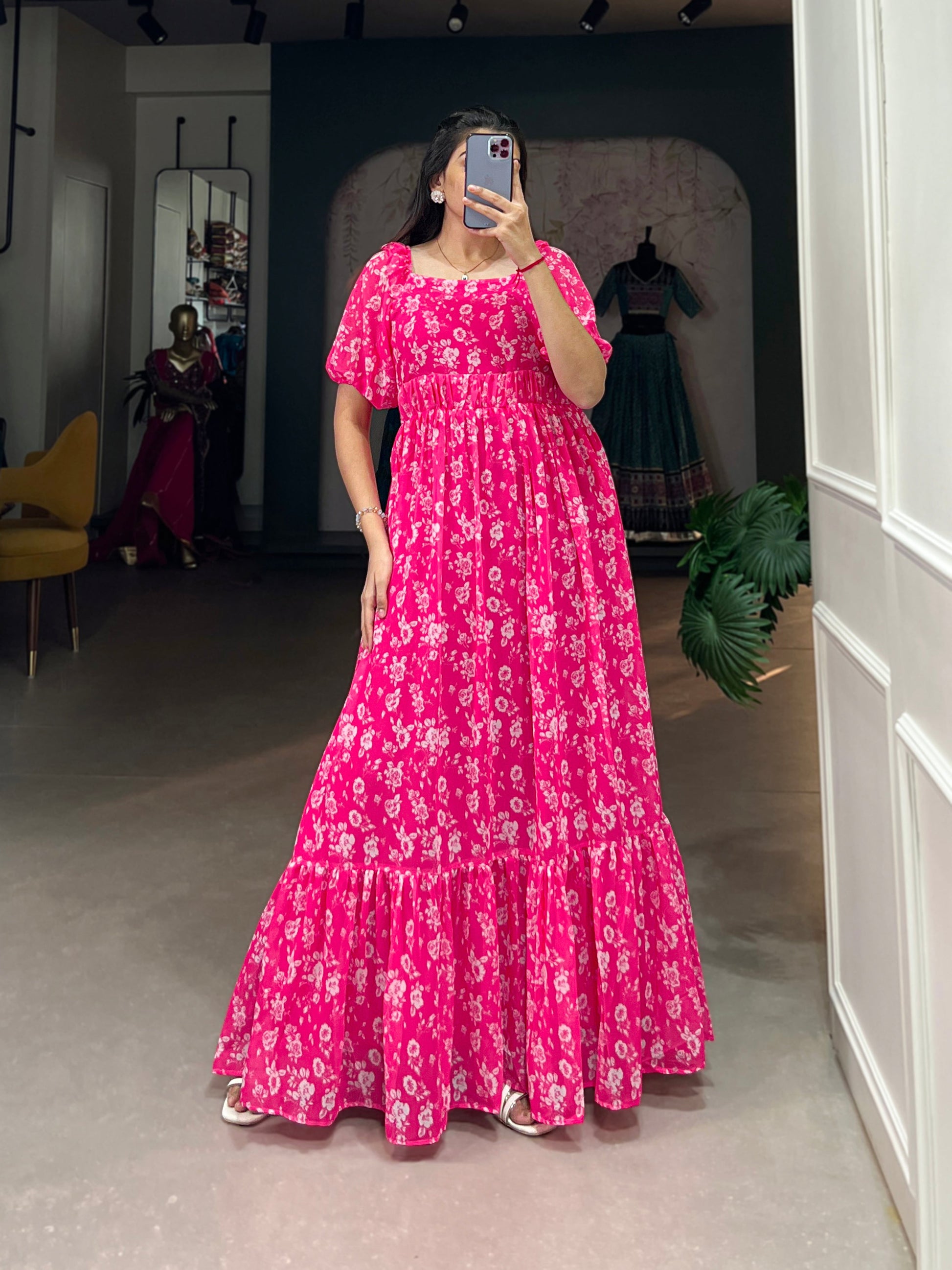 Lorenvalley Pink Georgette Floral Print Gown | Swadesiicart