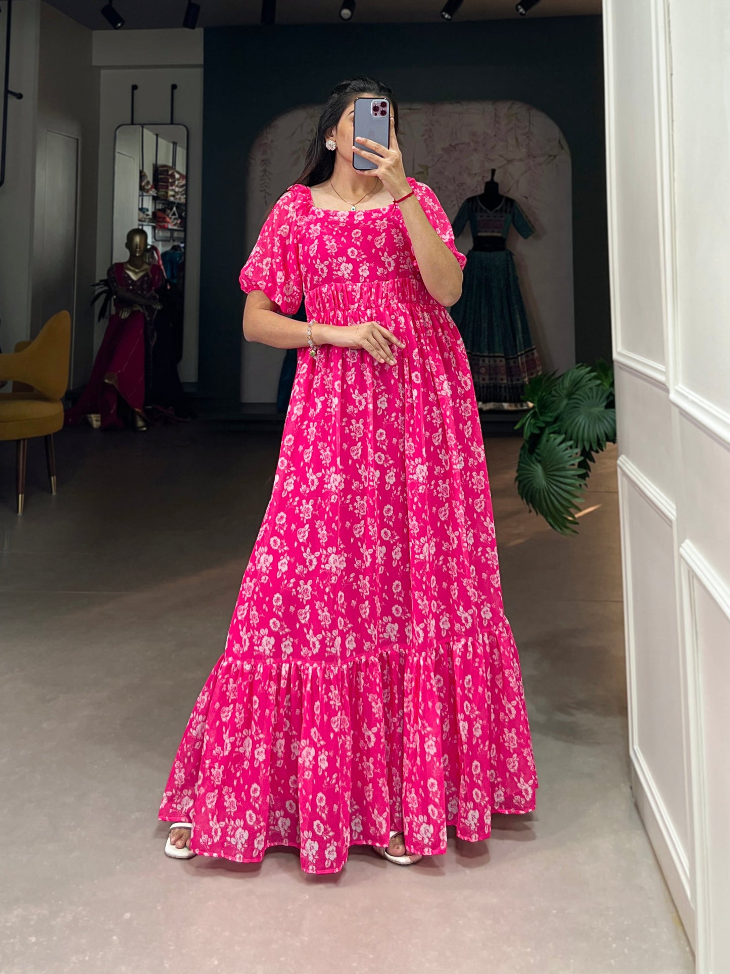 Lorenvalley Pink Georgette Floral Print Gown | Swadesiicart