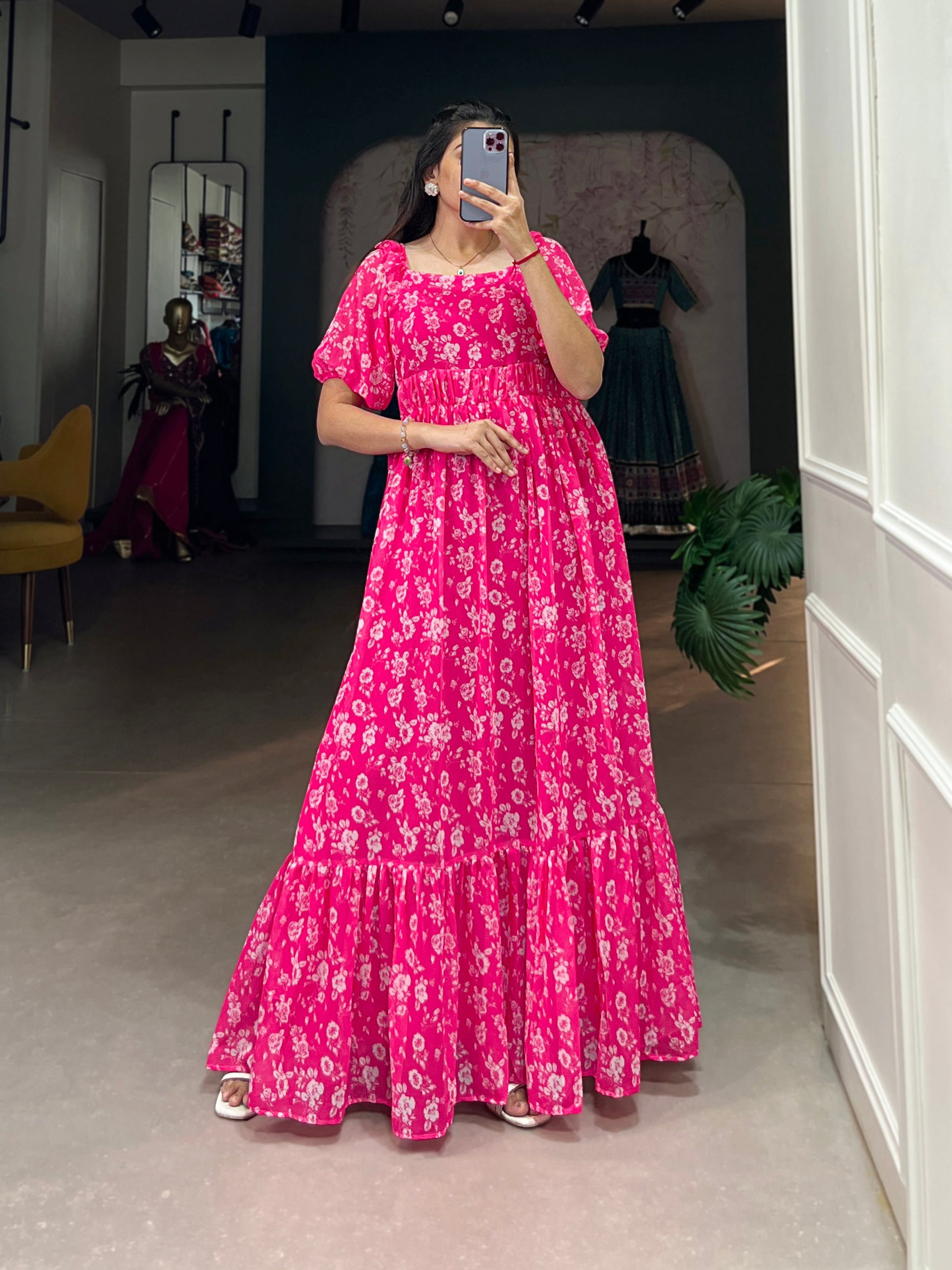 Lorenvalley Pink Georgette Floral Print Gown | Swadesiicart