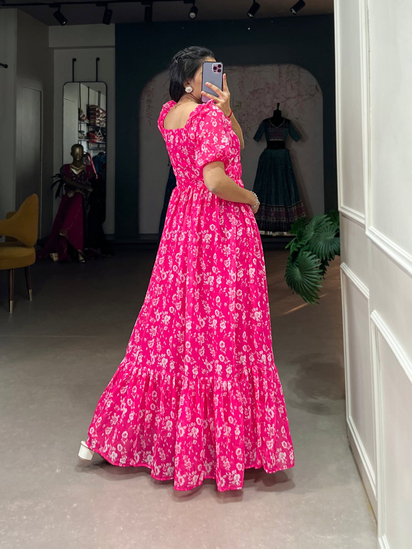 Lorenvalley Pink Georgette Floral Print Gown | Swadesiicart