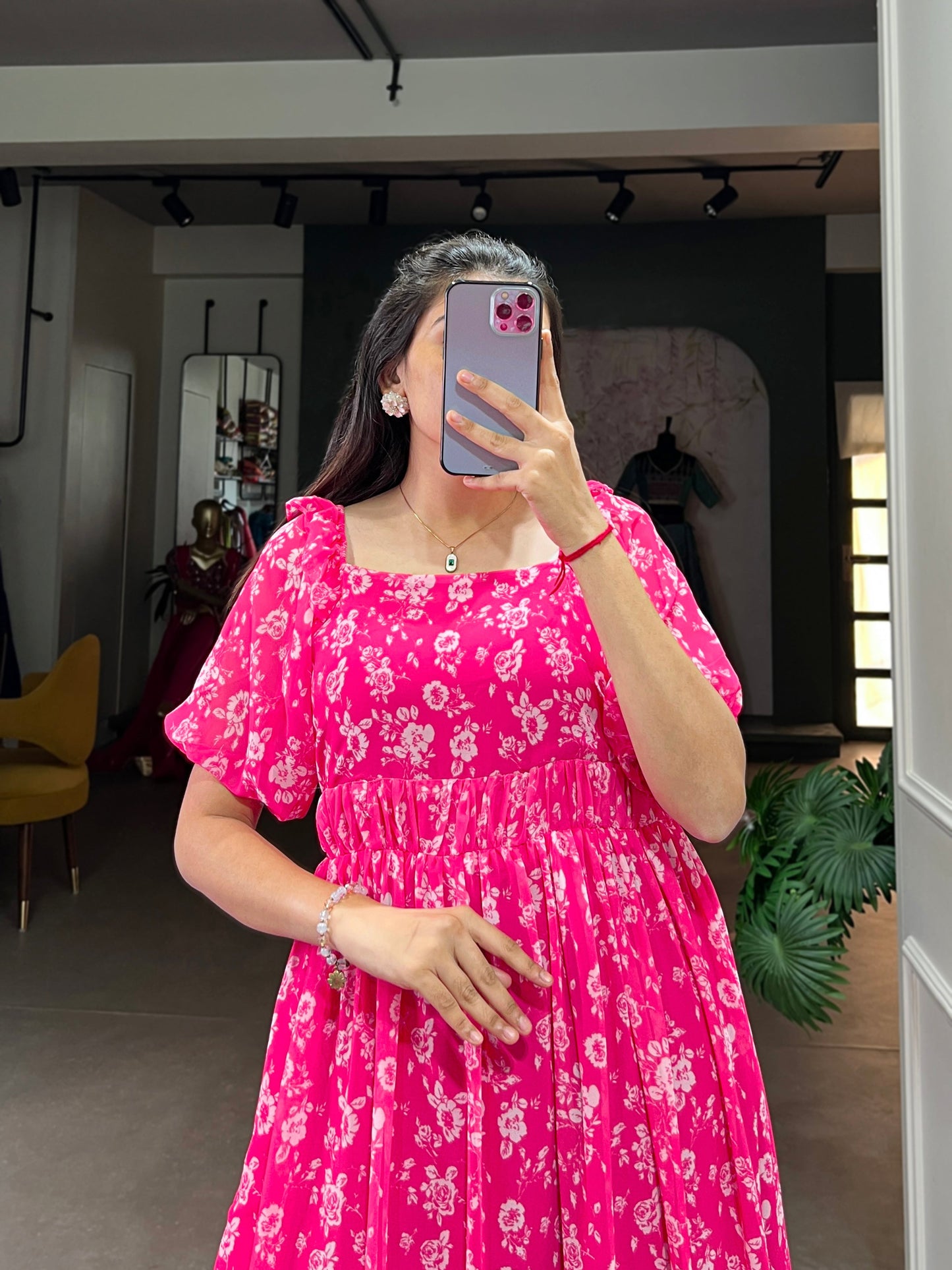 Lorenvalley Pink Georgette Floral Print Gown | Swadesiicart