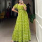 Lorenvalley Parrot green Georgette Floral Print Gown | Swadesiicart