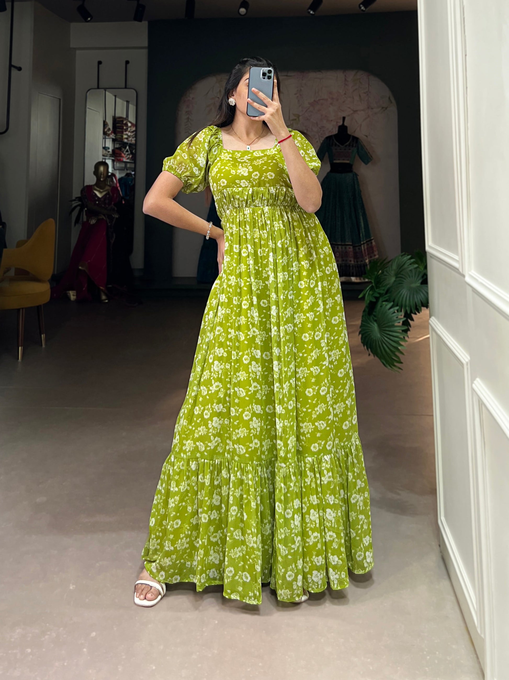 Lorenvalley Parrot green Georgette Floral Print Gown | Swadesiicart
