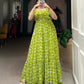 Lorenvalley Parrot green Georgette Floral Print Gown | Swadesiicart