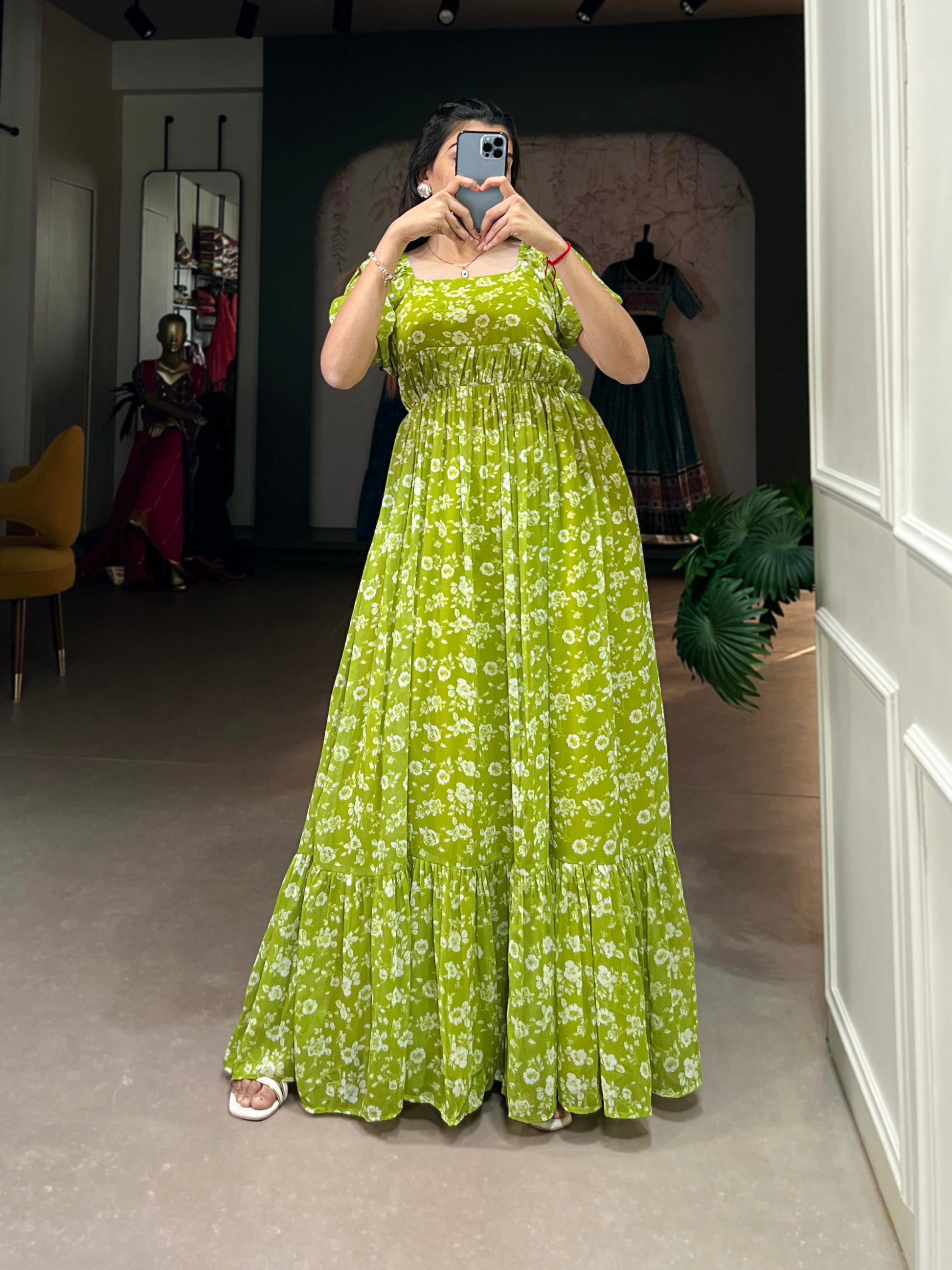 Lorenvalley Parrot green Georgette Floral Print Gown | Swadesiicart