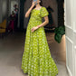 Lorenvalley Parrot green Georgette Floral Print Gown | Swadesiicart